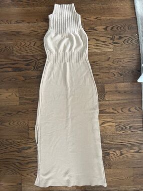 Sleeveless Ribbed High-Neck Cream Sweater Maxi Dress